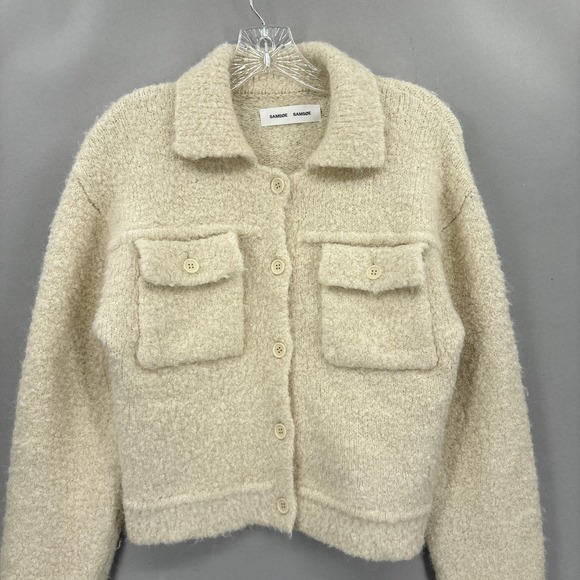 Samsoe Samsoe Jacket Womens Small Beige White Emilie Alpaca Blend Boucle Cropped - Picture 2 of 16